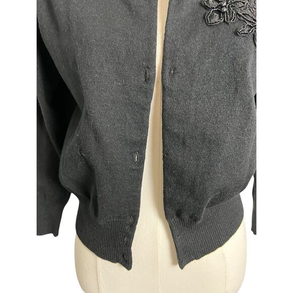 Cardigan Sweater Black Beaded Floral Cropped Knit Top Missing Buttons - Picture 3 of 7